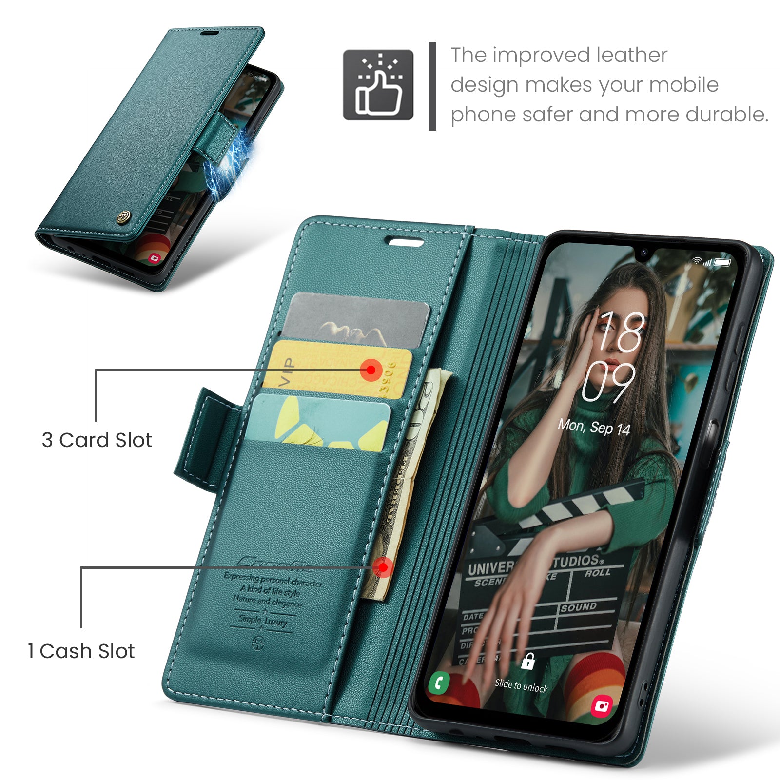 For Samsung Galaxy A16 5G / A16 4G Case CASEME 023 Series RFID Blocking Glossy Stand Phone Cover - Green For Samsung Galaxy A16 5G / A16 4G Case CASEME 023 Series RFID Blocking Glossy Stand Phone Cover - Green